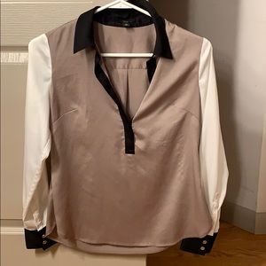 Tan, white, black blouse with gold detail Ann Tay